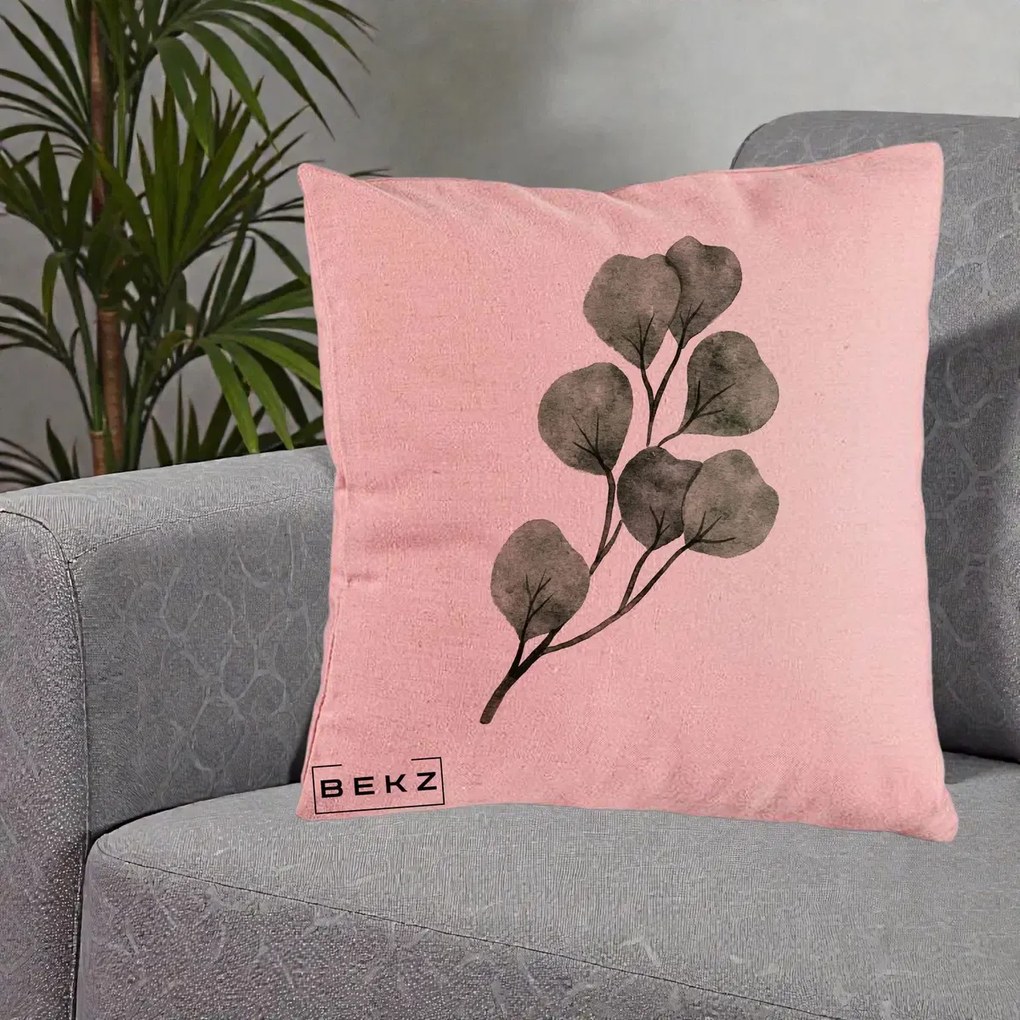 Perna Decorativa Ramura Eucalipt Acuarela, 40x40 cm, Roz, Husa Detasabila, Perna Inclusa, BEKZ®