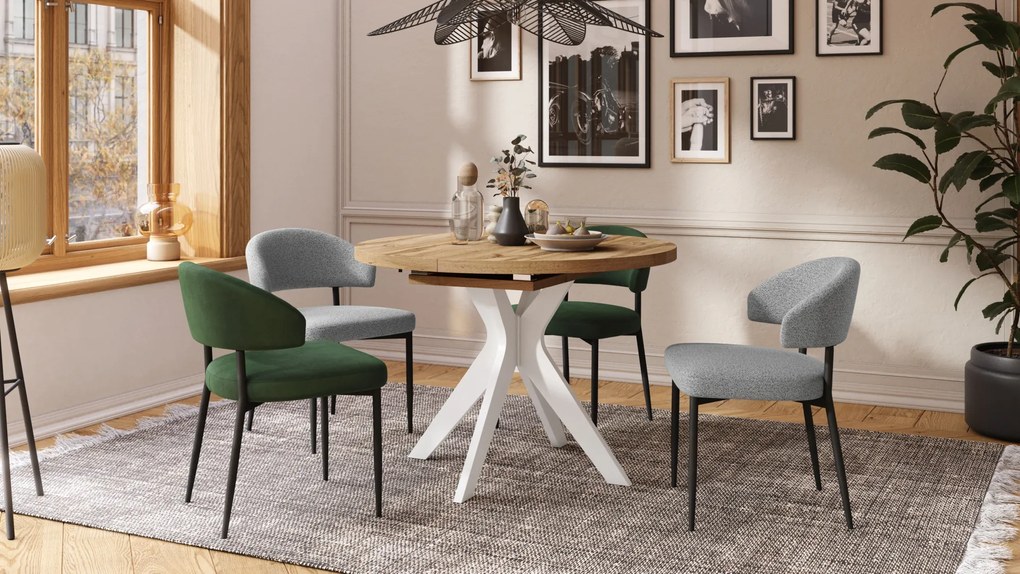 Mazzoni RENZO Stejar Wotan/picior alb - MASĂ ROTUNDĂ Ø110 EXTENSIBILĂ PÂNĂ LA 180 cm | PENTRU BUCĂTĂRIE SUFRAGERIE LIVING RETRO