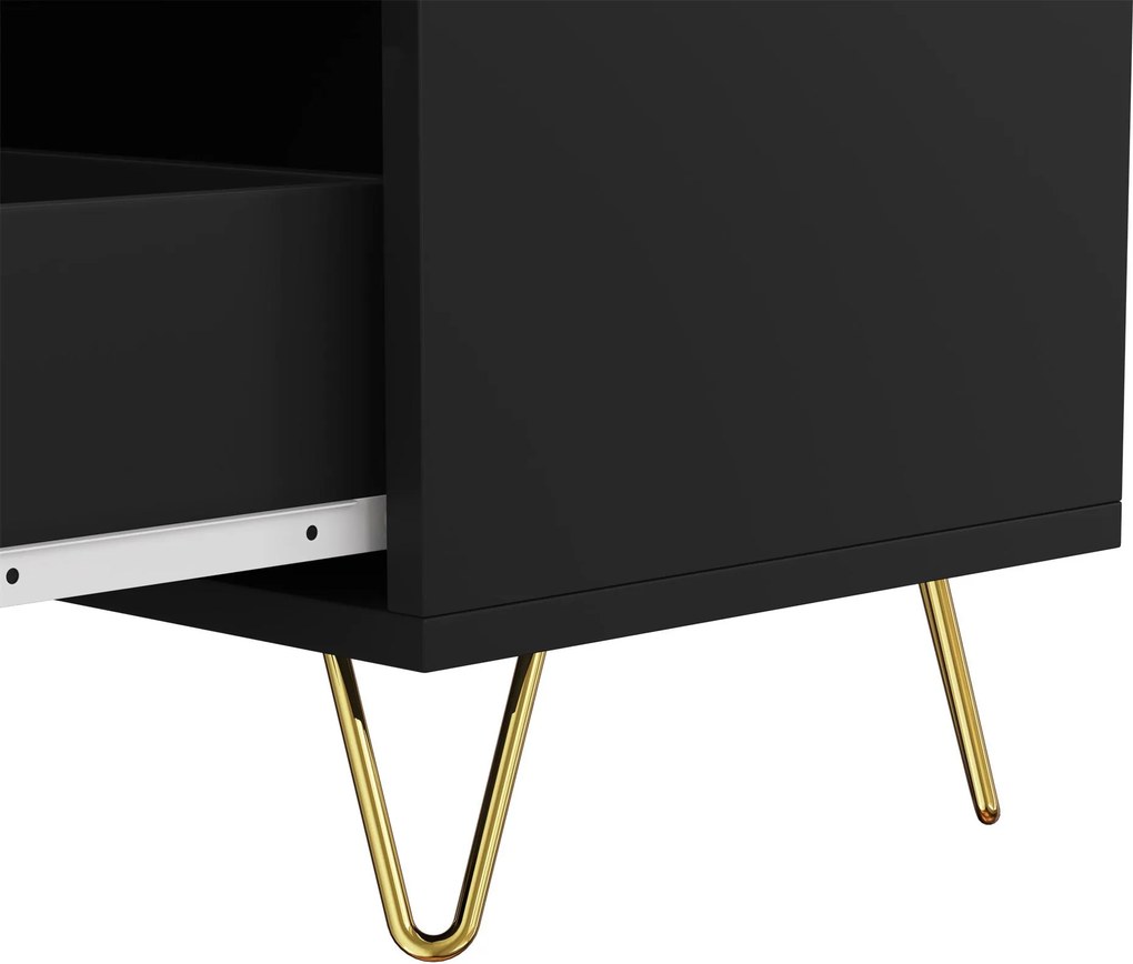 Bufet cu 6 sertare, mânere și picioare aurii, textură ondulată, 120x40x77 cm, Negru+Aurii