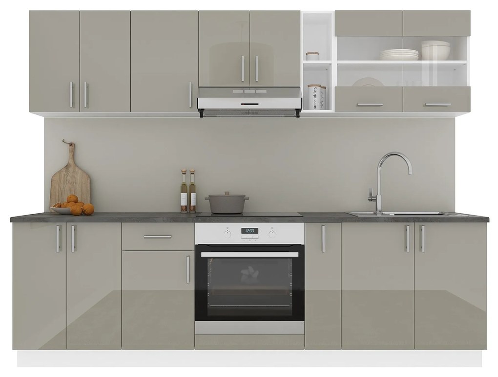 Set Bucatarie Karo V19, Gri Lucios/Alb, MDF, Blat Thermo 28 mm, L 260 cm