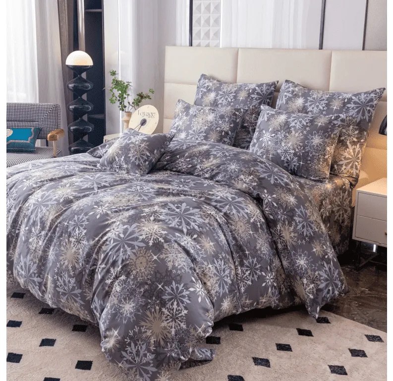 Set 2 bucati lenjerie din microfibra SNOWFLAKE albastru-gri + cearsaf Jersey 180x200cm alb, pat dublu