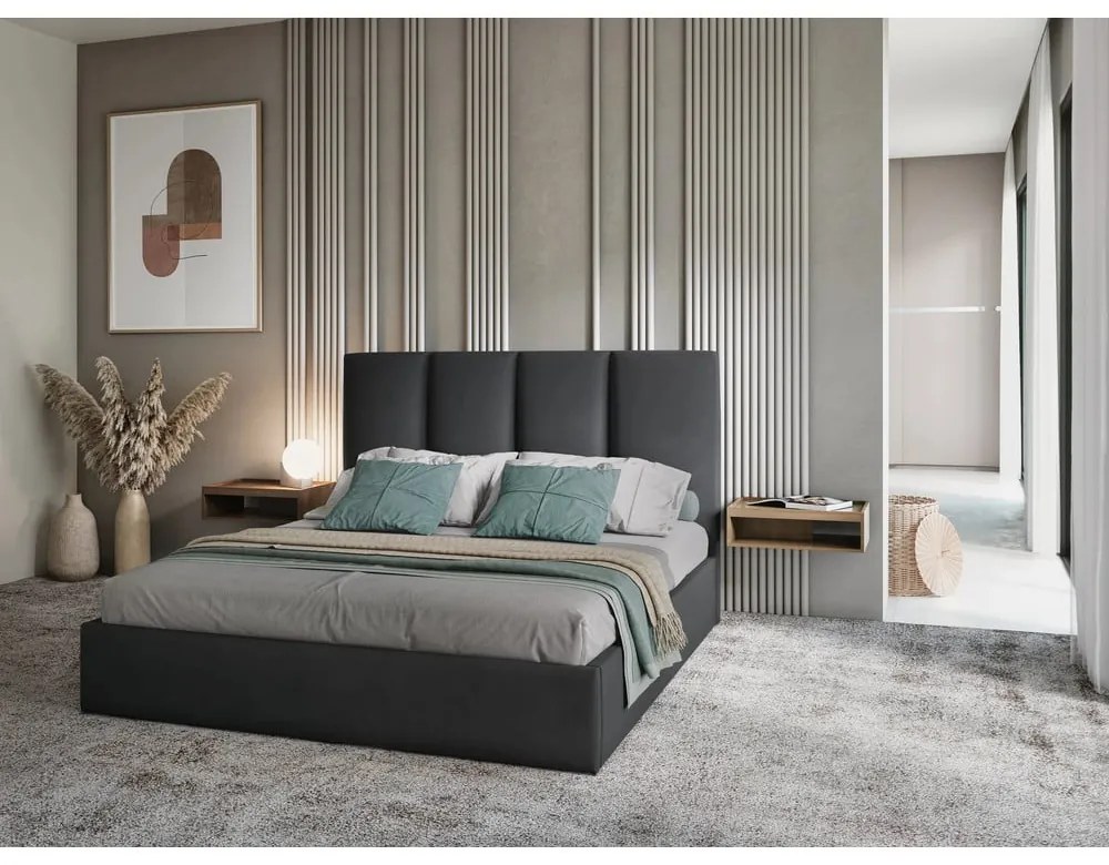 Pat matrimonial 140x200 cm gri închis tapițat cu spațiu de depozitare cu somieră Juniper – Mazzini Beds