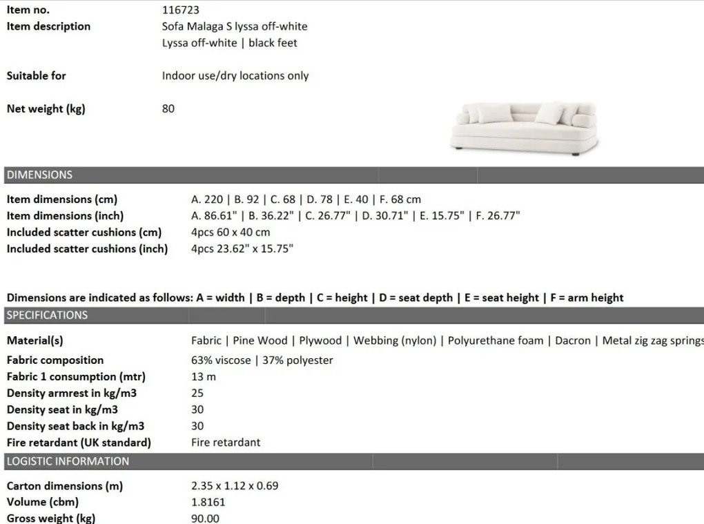 Canapea design LUX cu spatar rotunjit Malaga S, Lyssa off-white