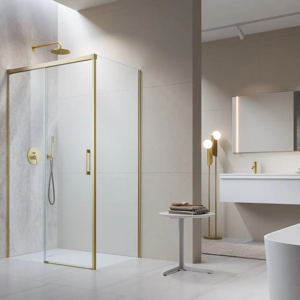 Cabina de dus dreptunghiulara cu usa glisanta Radaway Idea KDJ 100x90 cm finisaj auriu periat-transparent stanga
