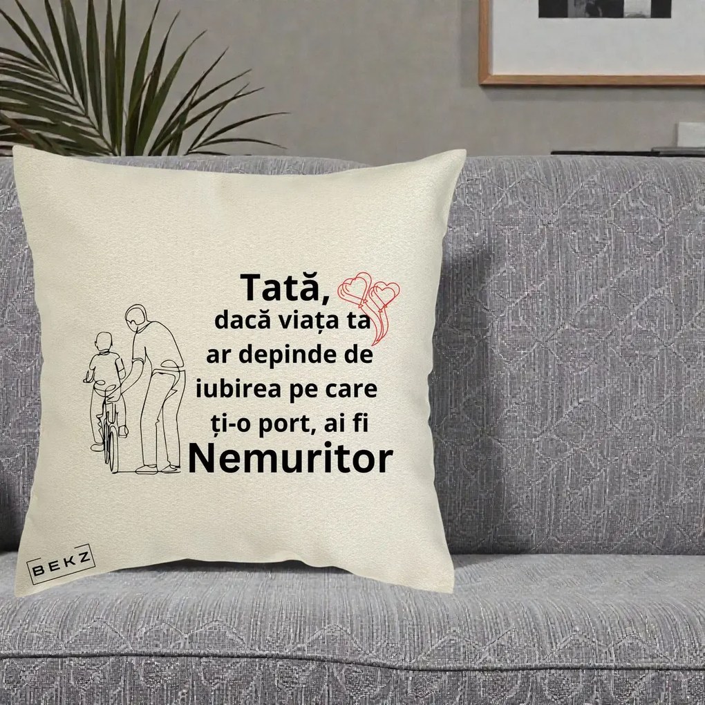Cadou pentru Tata - Perna Personalizata Tata Nemuritor Bicicleta, 40x40 cm, Ecru, Husa Detasabila, Perna Inclusa, BEKZ®