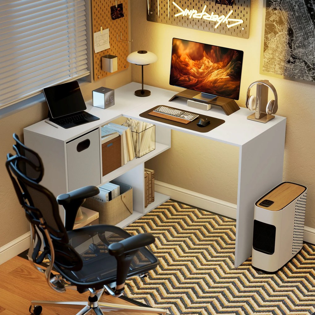 HOMCOM Birou Colțar pentru Computer, 110x100 cm, Birou în Formă de L cu Raft și Sertar din Material Textil, Masă pentru PC pentru Dormitor, Birou și Studio, Alb | Aosom Romania