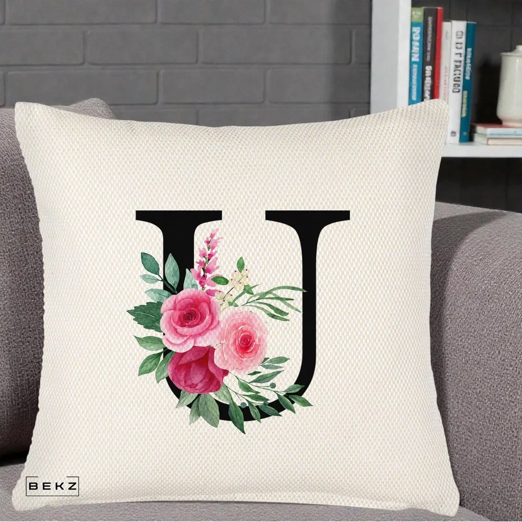 Cadou Personalizat - Perna Personalizata Monograma Florala Litera U, 40x40 cm, Crem Reliefat, Husa Detasabila, Perna Inclusa, BEKZ®