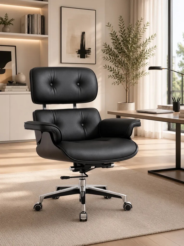 EXECUTIVE PRESTIGE – Scaun Directorial Ergonomic Premium, cu Piele PU, Furnir Negru, Bază din Aluminiu, Reglaj pe Înălțime și Funcție de Înclinare, Negru