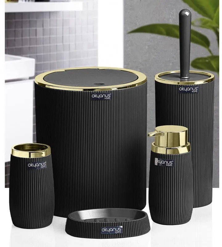 Resigilat: Set accesorii pentru baie Freehome OKY-478-4-S, 5 piese, Negru/Auriu
