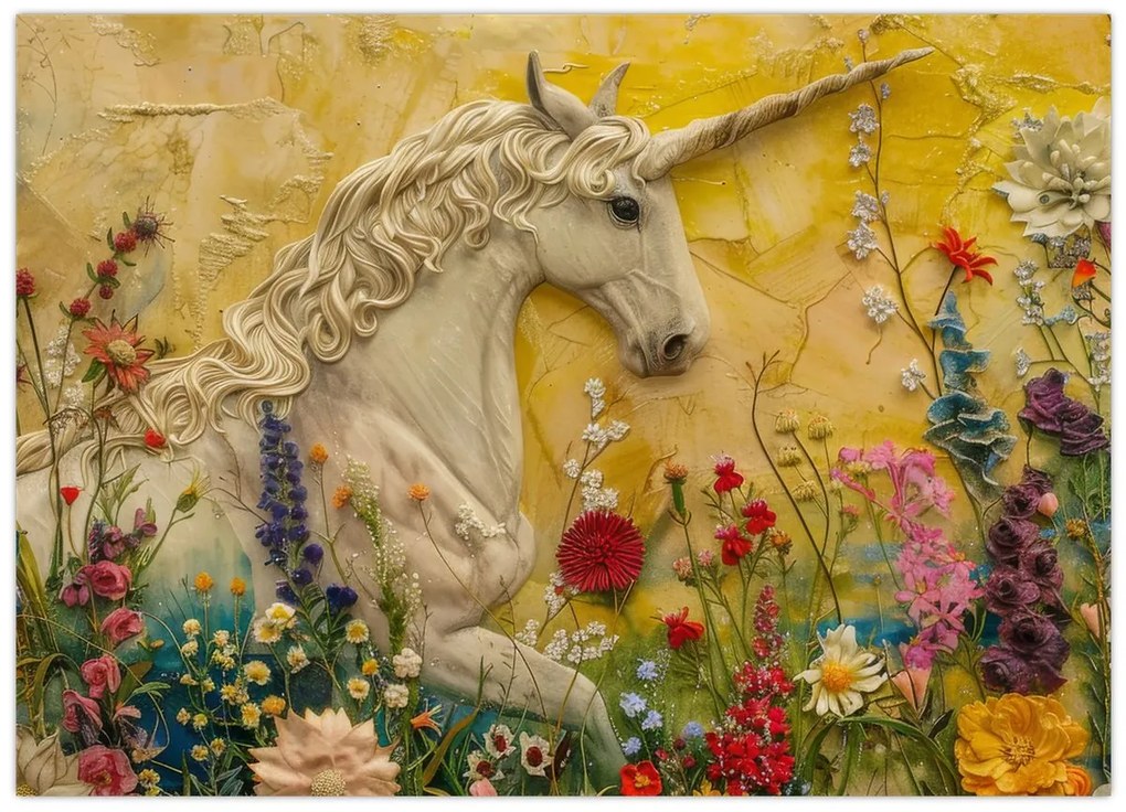 Tablou pe sticlă - Unicorn cu flori (70x50 cm)