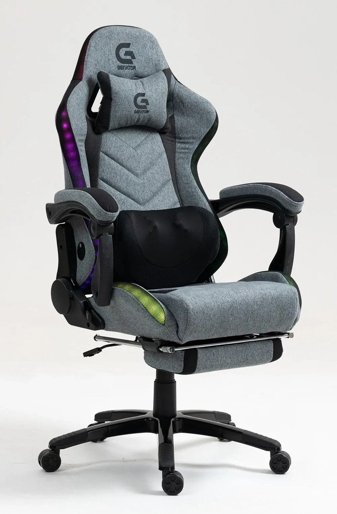 RESIGILAT- Scaun gaming, Masaj cu Role in perna lombara, Sistem iluminare banda LED RGB, Boxe Bluetooth, funcție șezlong, 90-155 grade, sezut benzi elastice sustinere, suport picioare, Textil, Gri/Negru