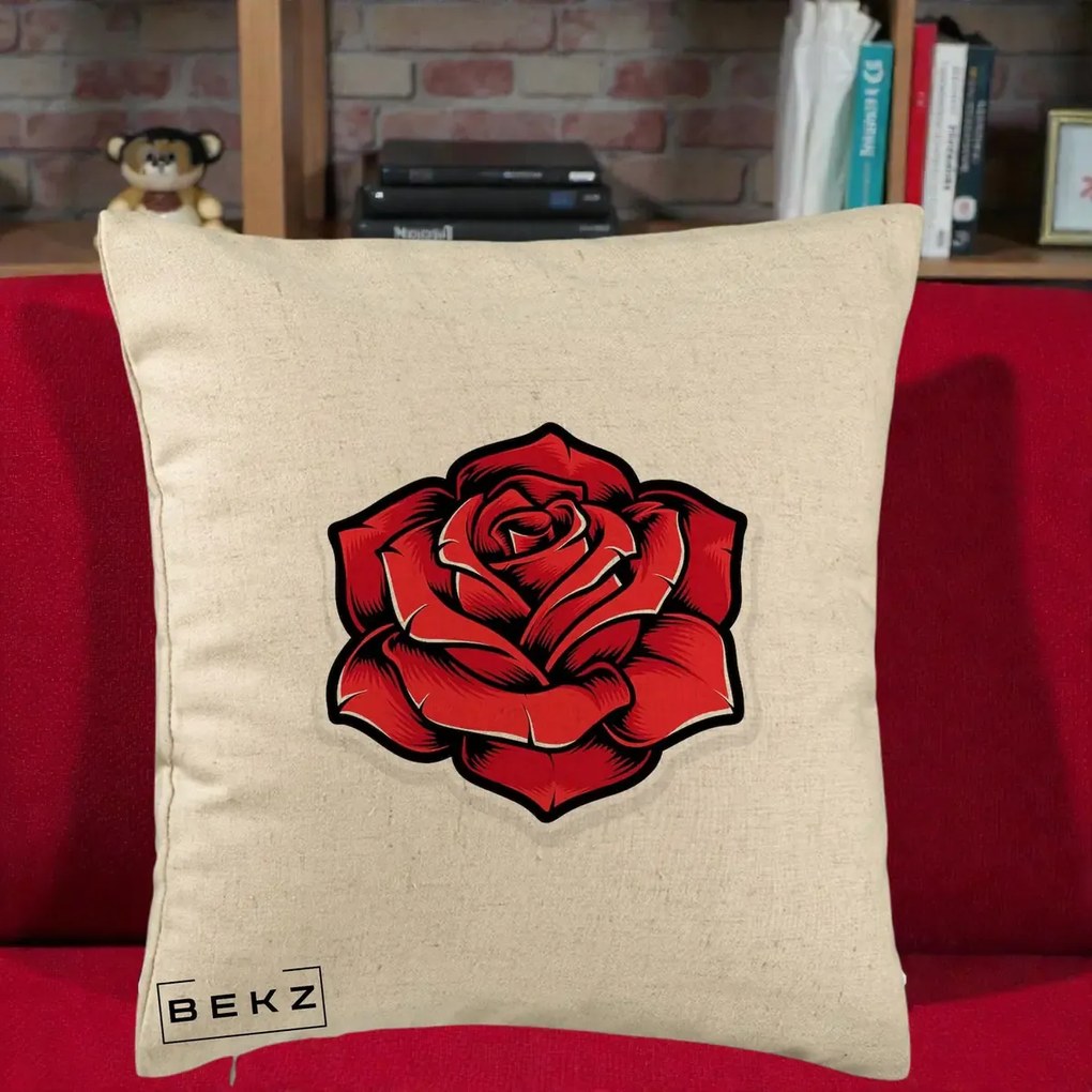 Perna Decorativa Trandafir Rosu Tattoo, 40x40 cm, Bej, Husa Detasabila, Perna Inclusa, BEKZ®