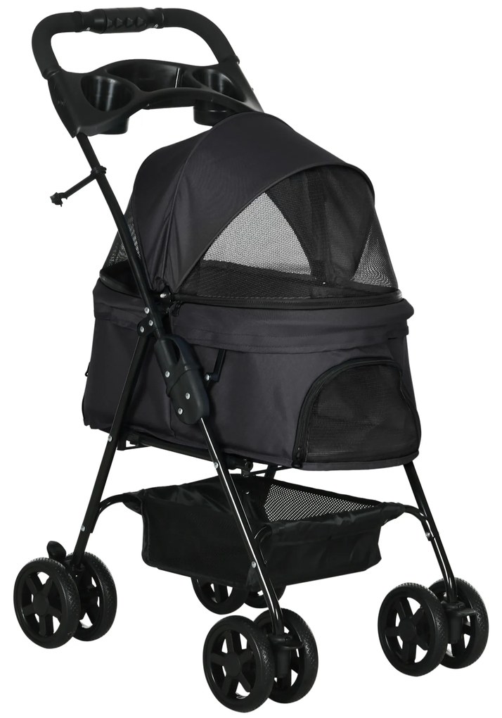 PawHut Cărucior pentru Câini Pliant, Roți Pivotante, Coș pentru Obiecte, 67x45x96 cm, Negru | Aosom Romania