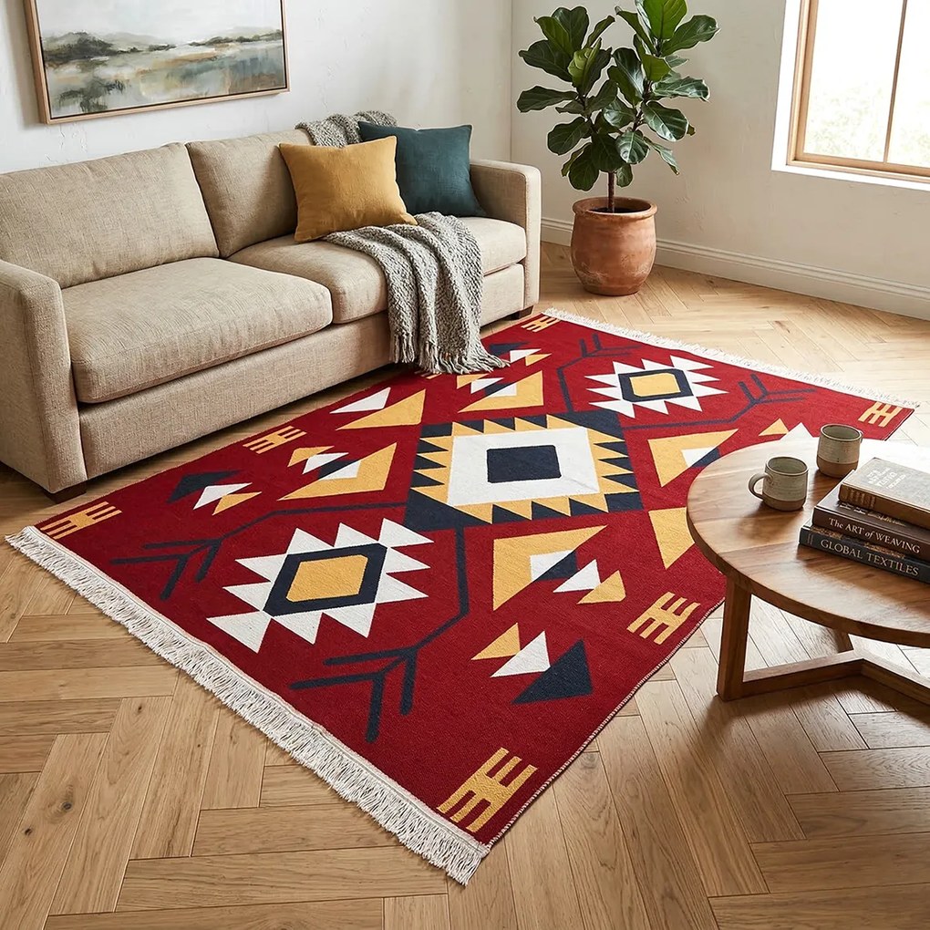 Covor Tesut Traditional, 2 fete, Model Etnic Tribal Rosu, 120x180 cm
