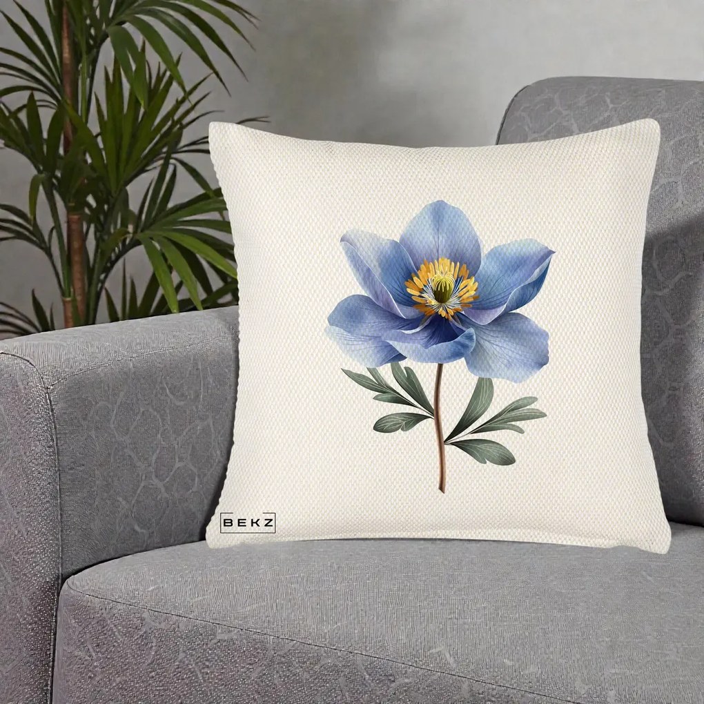 Perna Decorativa Anemona Albastra Botanica, 40x40 cm, Crem Reliefat, Husa Detasabila, Perna Inclusa, BEKZ®