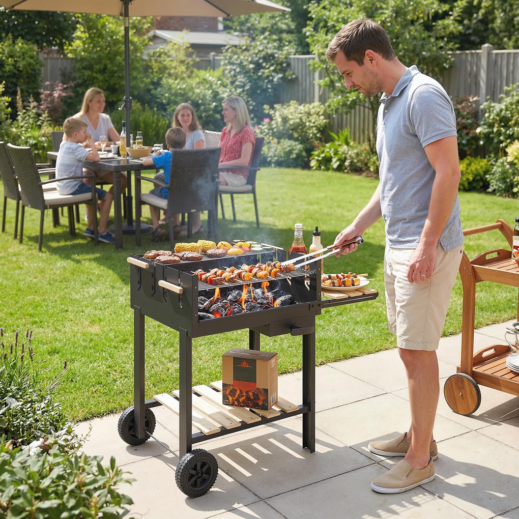 Outsunny Cărucior de grătar din lemn cu 2 grătare reglabile, grătar pe cărbuni pe roți, poliță laterală, negru | Aosom Romania