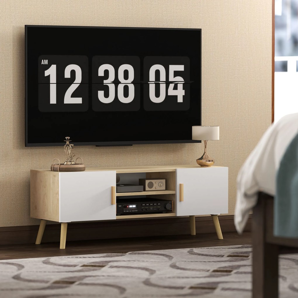 HOMCOM Comodă TV din lemn pentru televizor până la 127 cm cu rafturi, 2 dulapuri și orificii pentru cabluri, stejar | Aosom Romania