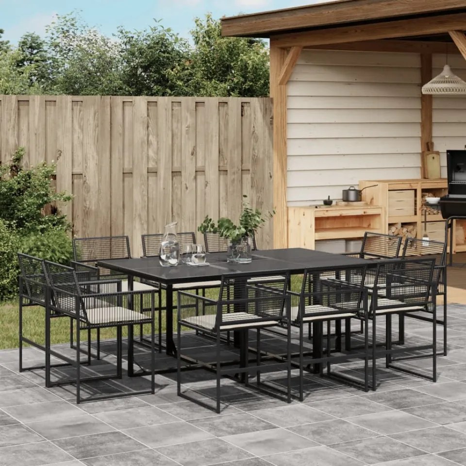 Set mobilier de exterior cu perne, 11 piese, negru, poliratan