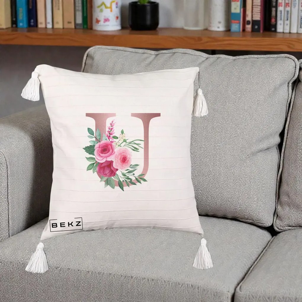 Cadou Personalizat - Perna Personalizata Monograma Rose Gold Litera U, 40x40 cm, Bej cu Franjuri, Husa Detasabila, Perna Inclusa, BEKZ®