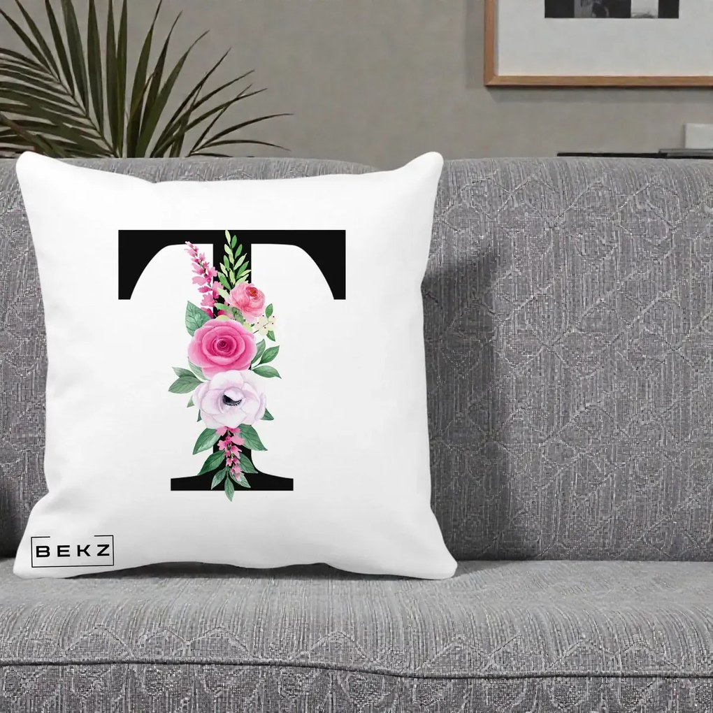 Cadou Personalizat - Perna Personalizata Monograma Florala Litera T, 40x40 cm, Alba Mata, Husa Detasabila, Perna Inclusa, BEKZ®