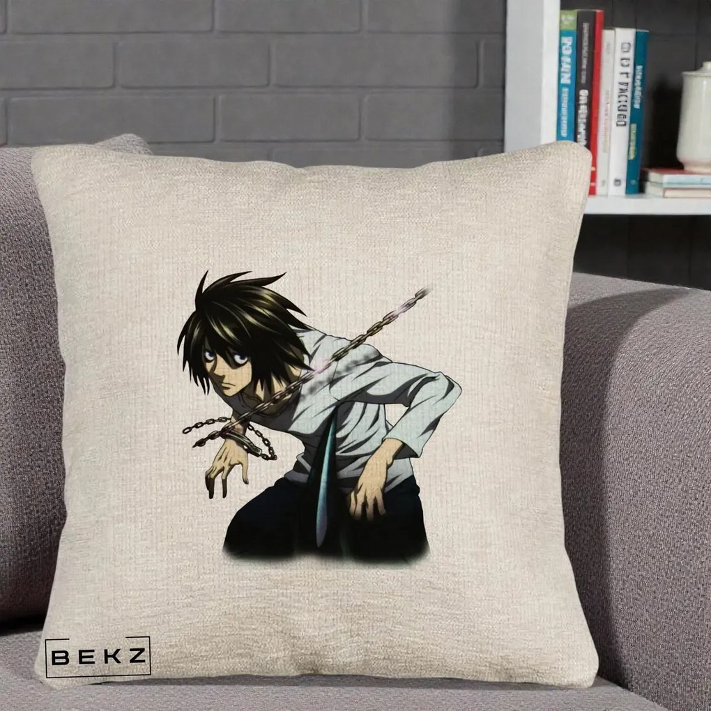 Perna Personalizata Death Note L Lawliet Lanturi, 40x40 cm, Bej Canapea, Husa Detasabila, Perna Inclusa, BEKZ®