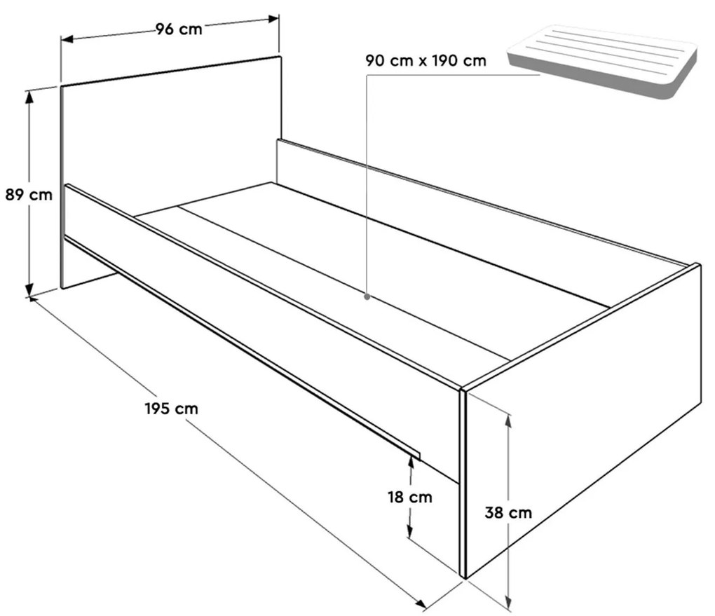 Pat de o persoană 90 cm Vobima 1 (alb) (cu somieră). 1094823