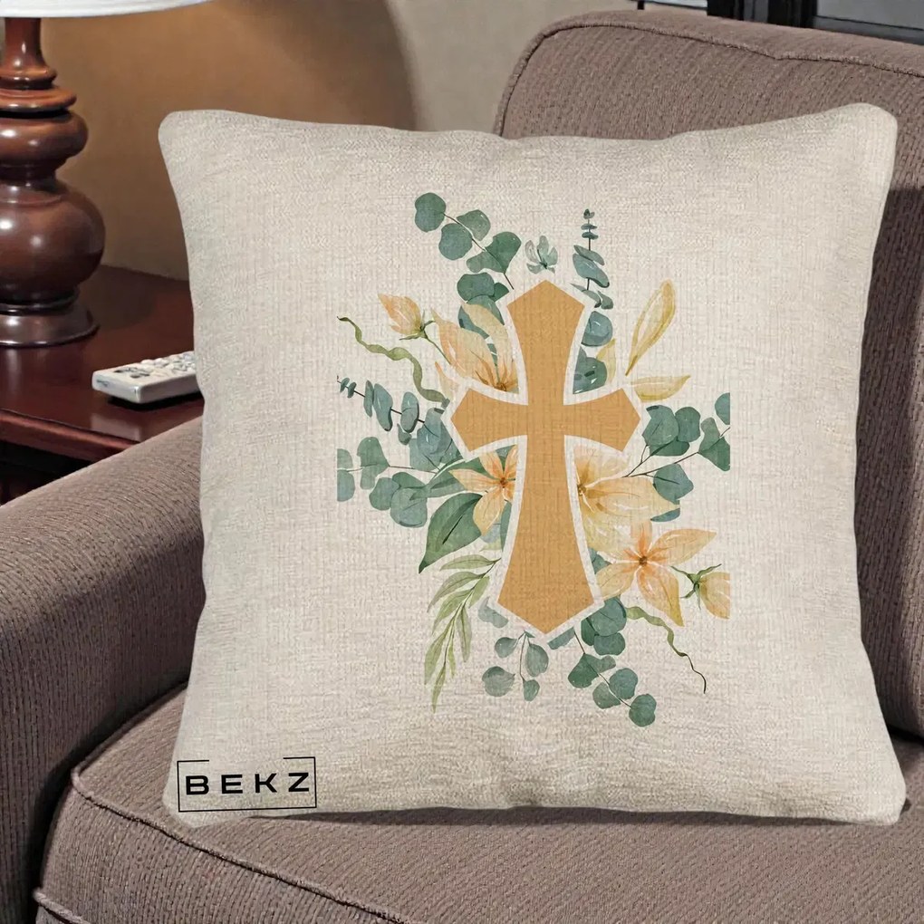 Perna Personalizata Cruce Florala Botez, 40x40 cm, Bej Canapea, Husa Detasabila, Perna Inclusa, BEKZ®