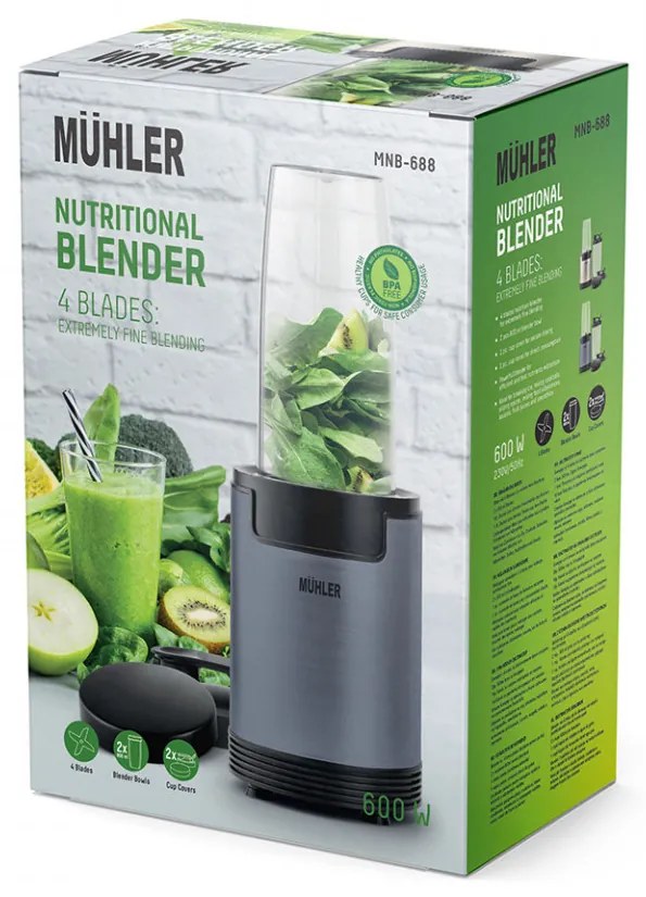 Blender Nutri Muhler MNB-688, 600W, 6 lame, 2 căni, cenușiu 648576