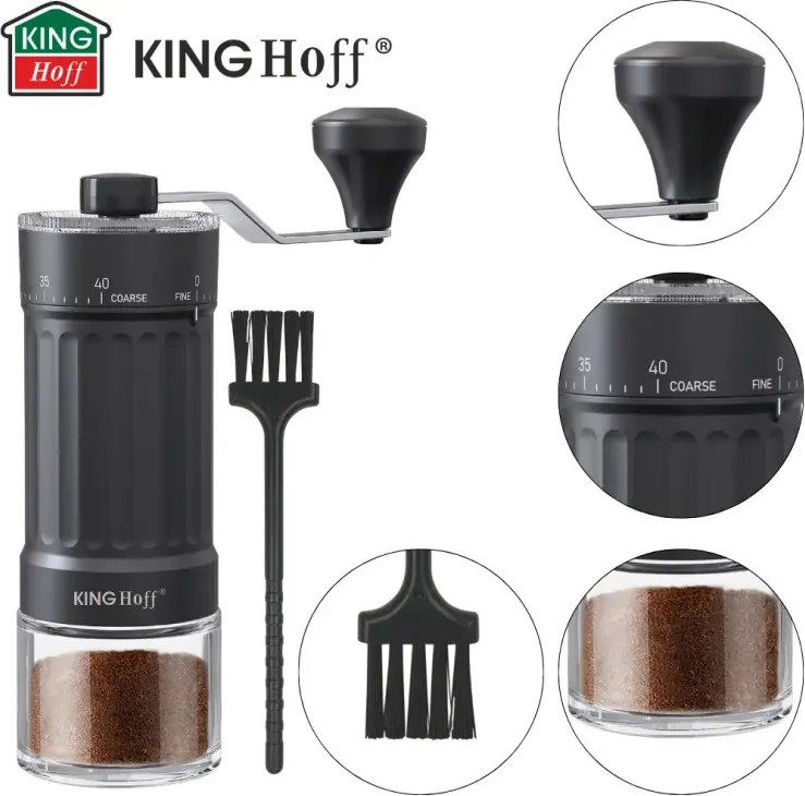 Măcinător manual de cafea Kinghoff KH 2002, 30 g, Mecanism ceramic, Reglare continuă a fineții, Negru