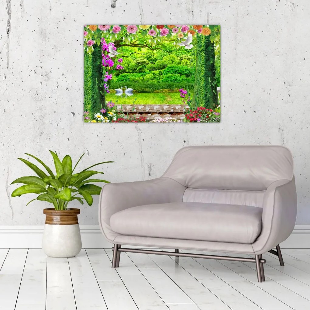 Tablou pe sticlă - Grădina magică cu lebede (70x50 cm)
