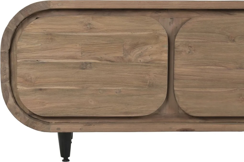 Comodă TV lungă din lemn de tec reciclat, maro, cu 4 sertare și picioare metalice, aspect rustic, 50 x 200 x 45 cm, „Granville”