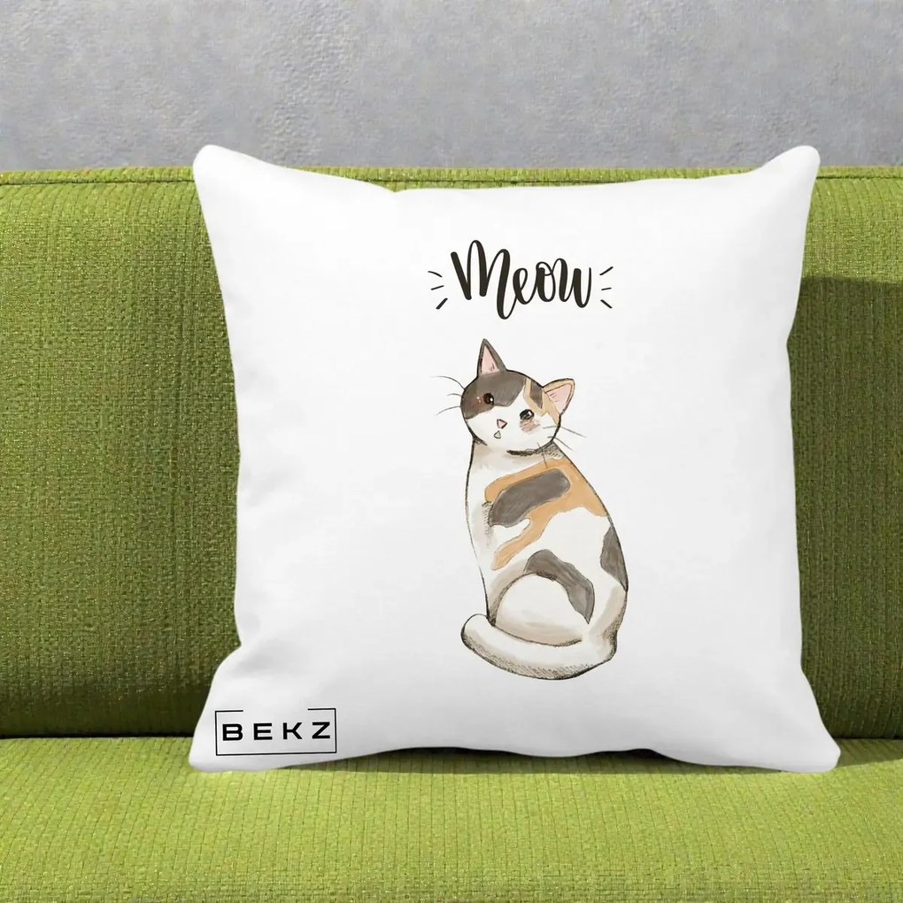 Perna Personalizata Pisica Meow Acuarela, 40x40 cm, Alba Mata, Husa Detasabila, Perna Inclusa, BEKZ®