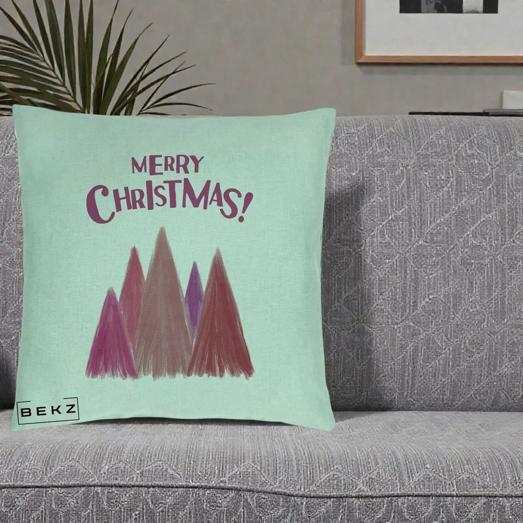 Perna Decorativa Merry Christmas Brazi Roz, 40x40 cm, Verde Menta, Husa Detasabila, Perna Inclusa, BEKZ®