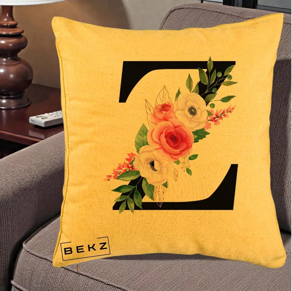 Cadou Personalizat - Perna Personalizata Monograma Florala Litera Z cu Buchet, 40x40 cm, Galben, Husa Detasabila, Perna Inclusa, BEKZ®