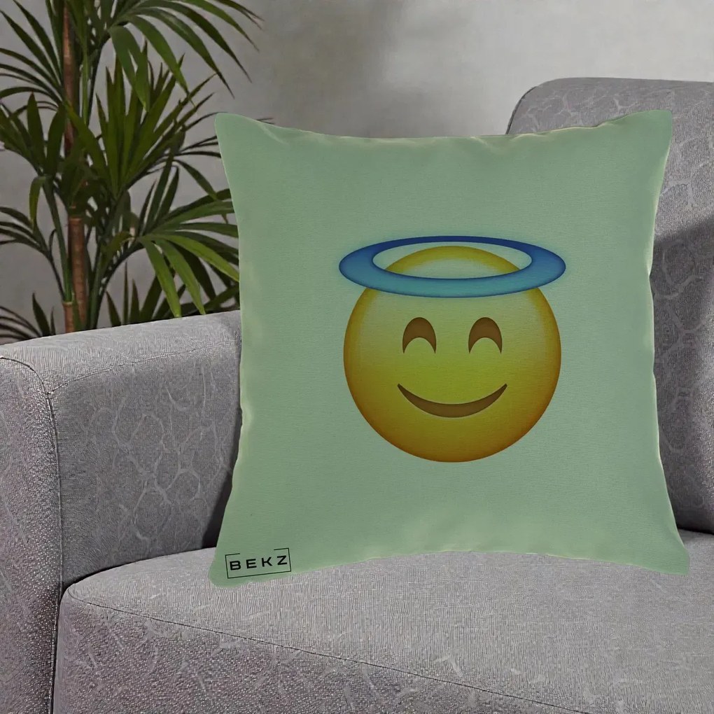 Perna Decorativa Emoji Inger cu Aureola, 40x40 cm, Verde, Husa Detasabila, Perna Inclusa, BEKZ®