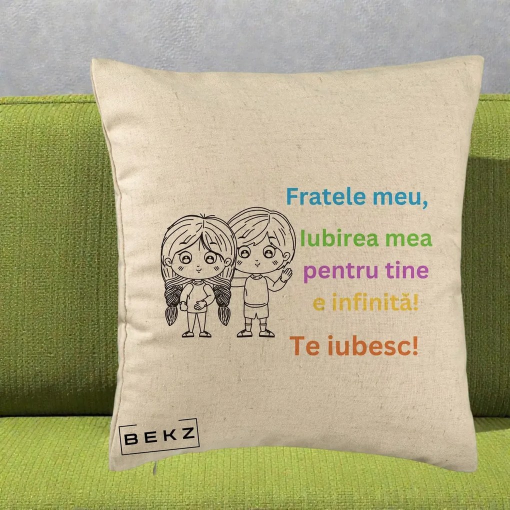 Cadou pentru Frate - Perna Personalizata Fratele Meu Te Iubesc Copii Anime Colorat, 40x40 cm, Bej, Husa Detasabila, Perna Inclusa, BEKZ®