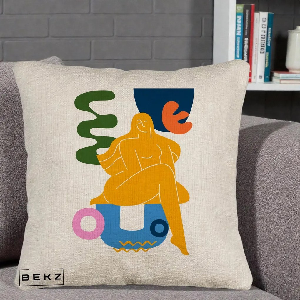Perna Decorativa Femeie Relaxata Abstract, 40x40 cm, Bej Canapea, Husa Detasabila, Perna Inclusa, BEKZ®