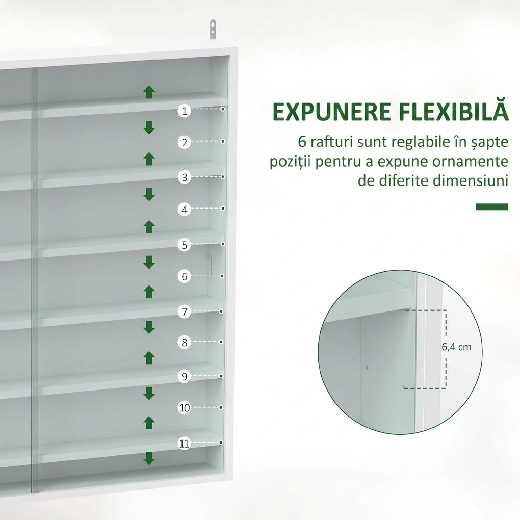 HOMCOM Vitrină pentru obiecte cu 6 rafturi reglabile, din PAL, cu uși din sticlă, 80 x 9,5 x 83 cm, alb | Aosom Romania