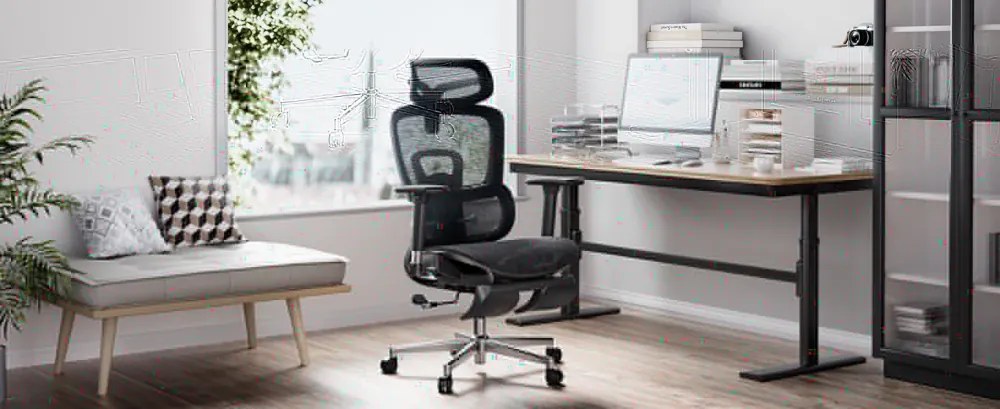 HBADA E2 Scaun ergonomic, cotiere reglabile 3D, suport lombar reglabil, spătar reglabil inaltime, pivotant, suport picioare, Negru