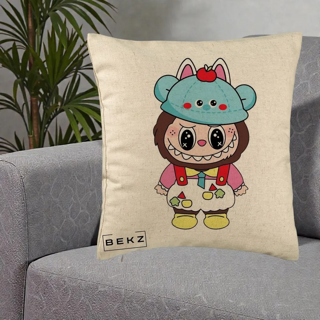 Perna Personalizata Labubu x Urs Albastru Colorat, 40x40 cm, Bej, Husa Detasabila, Perna Inclusa, BEKZ®