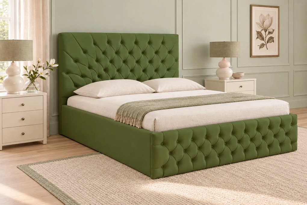 Pat tapițat Chesterfield din catifea Venezia 180×200 cm, kaki, cu ladă de depozitare