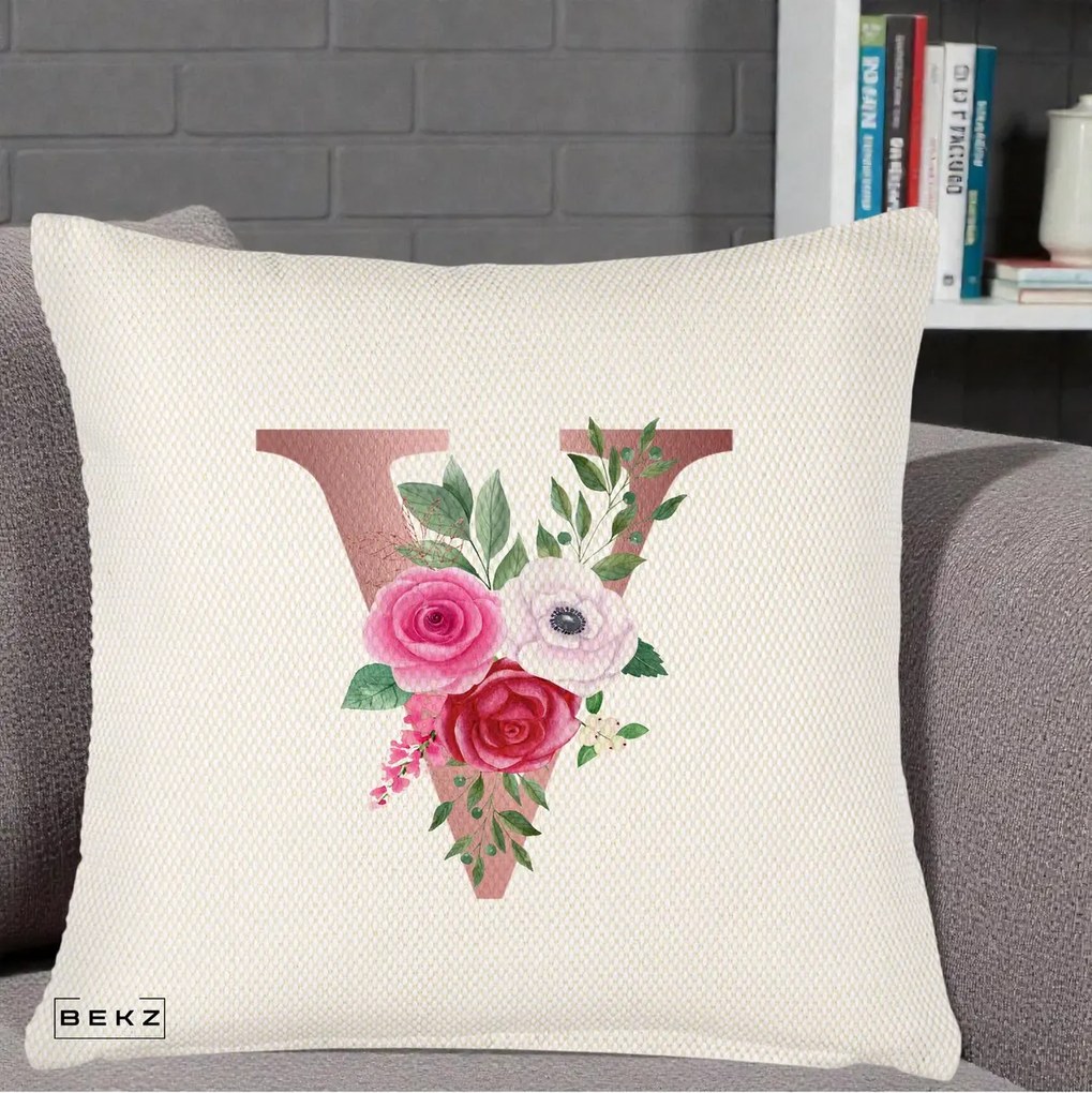 Cadou Personalizat - Perna Personalizata Monograma Rose Gold Litera V, 40x40 cm, Crem Reliefat, Husa Detasabila, Perna Inclusa, BEKZ®