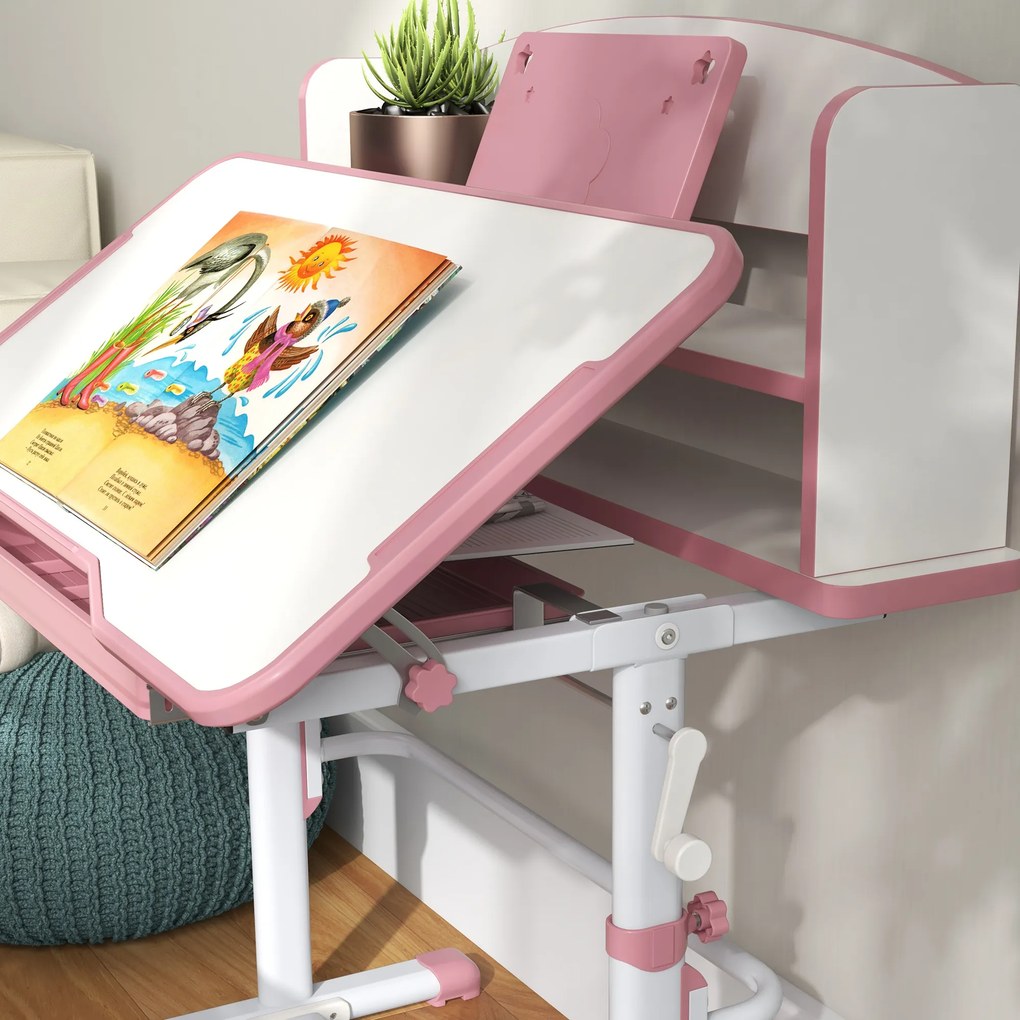 Set Birou si Scaun pentru Copii Reglabil in Inaltime cu Sertar, Raft pentru Carti, pentru 6-12 ani - Roz ZONEKIZ | Aosom Romania