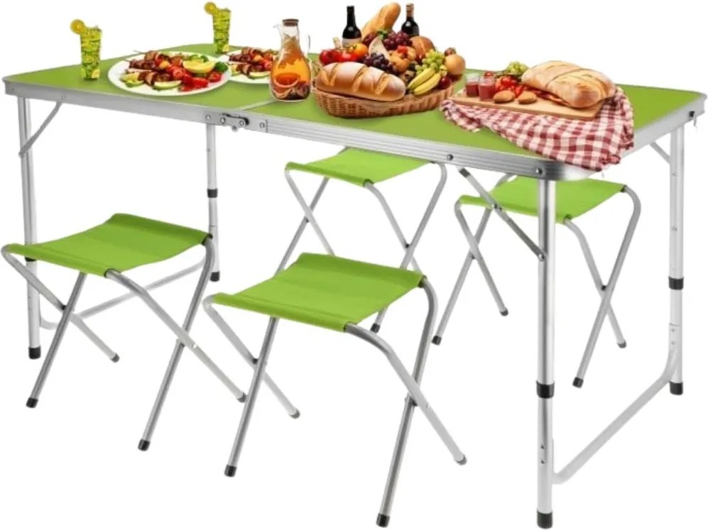 Set mobilier de camping pliabil, Jumi, verde, masă cu picioare reglabile și 4 tabureți