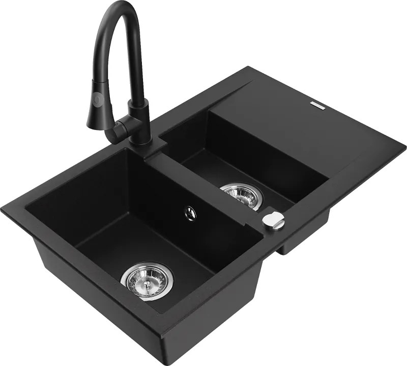 Mexen Gaspar chiuvetă granitică 1,5-cupe cu picurător și baterie de bucătărie Elia, negru - 6507-77-670101-70