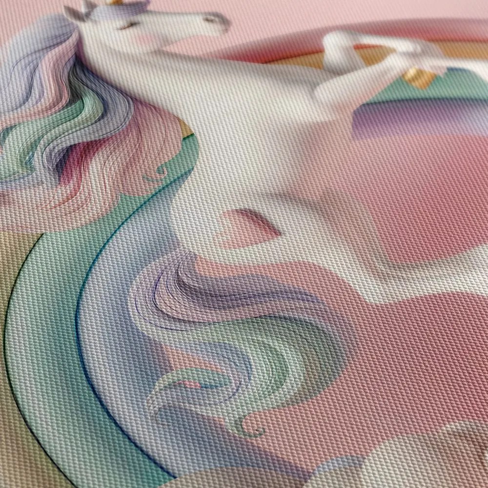 Tablou unicorn de poveste pe un curcubeu pastel