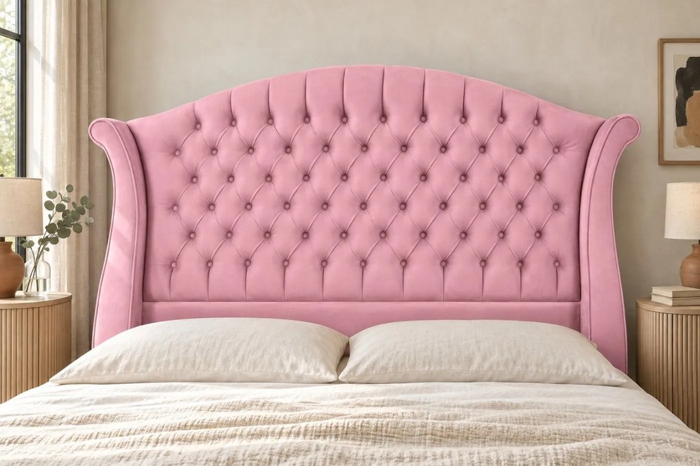 Pat tapițat Chesterfield din catifea Sorella Simple 140×200 cm, roz, cu ladă de depozitare