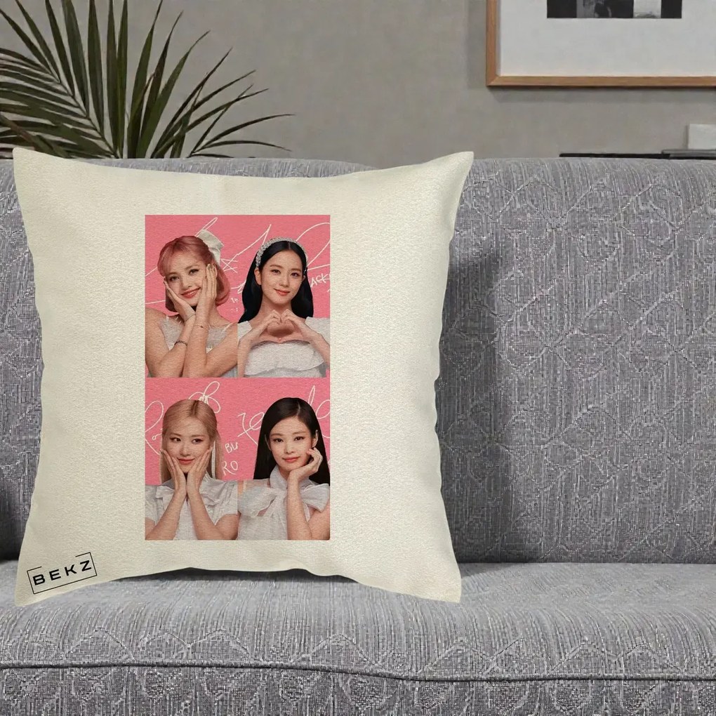 Perna Personalizata K-pop BLACKPINK Colaj Roz, 40x40 cm, Ecru, Husa Detasabila, Perna Inclusa, BEKZ®