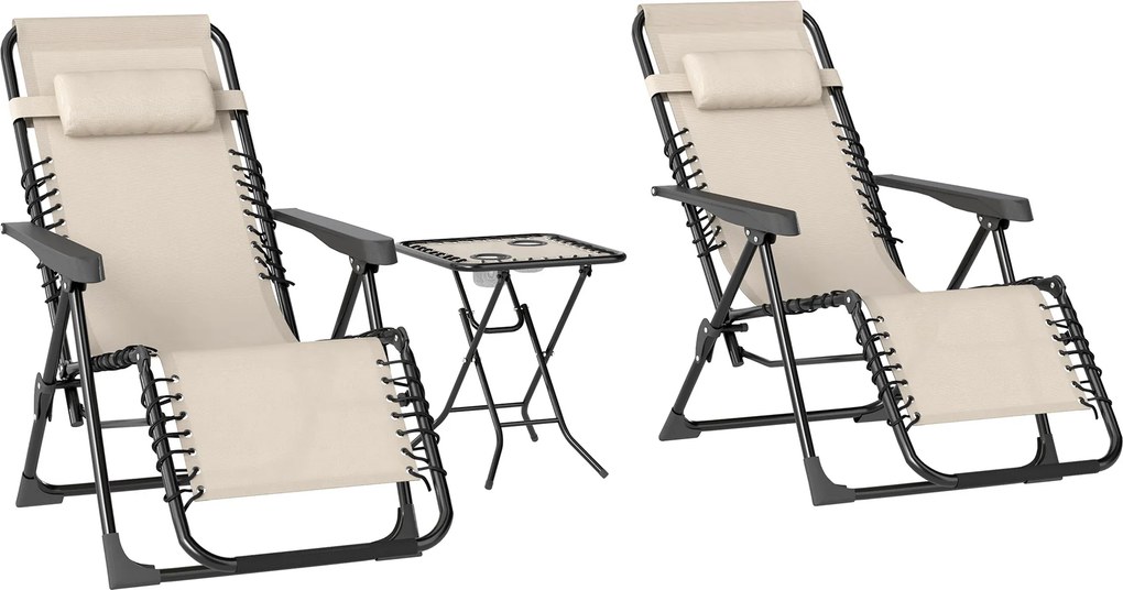 Outsunny Set de 2 Șezlonguri de Grădină cu Gravitație Zero și Măsuță cu Suport pentru Pahare, 47x47x54 cm, Bej | Aosom Romania