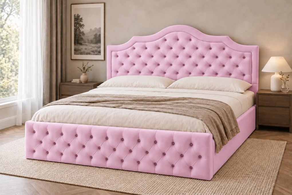 Pat tapițat din catifea Imperio cu nasturi 140×200 cm, roz, cu ladă de depozitare